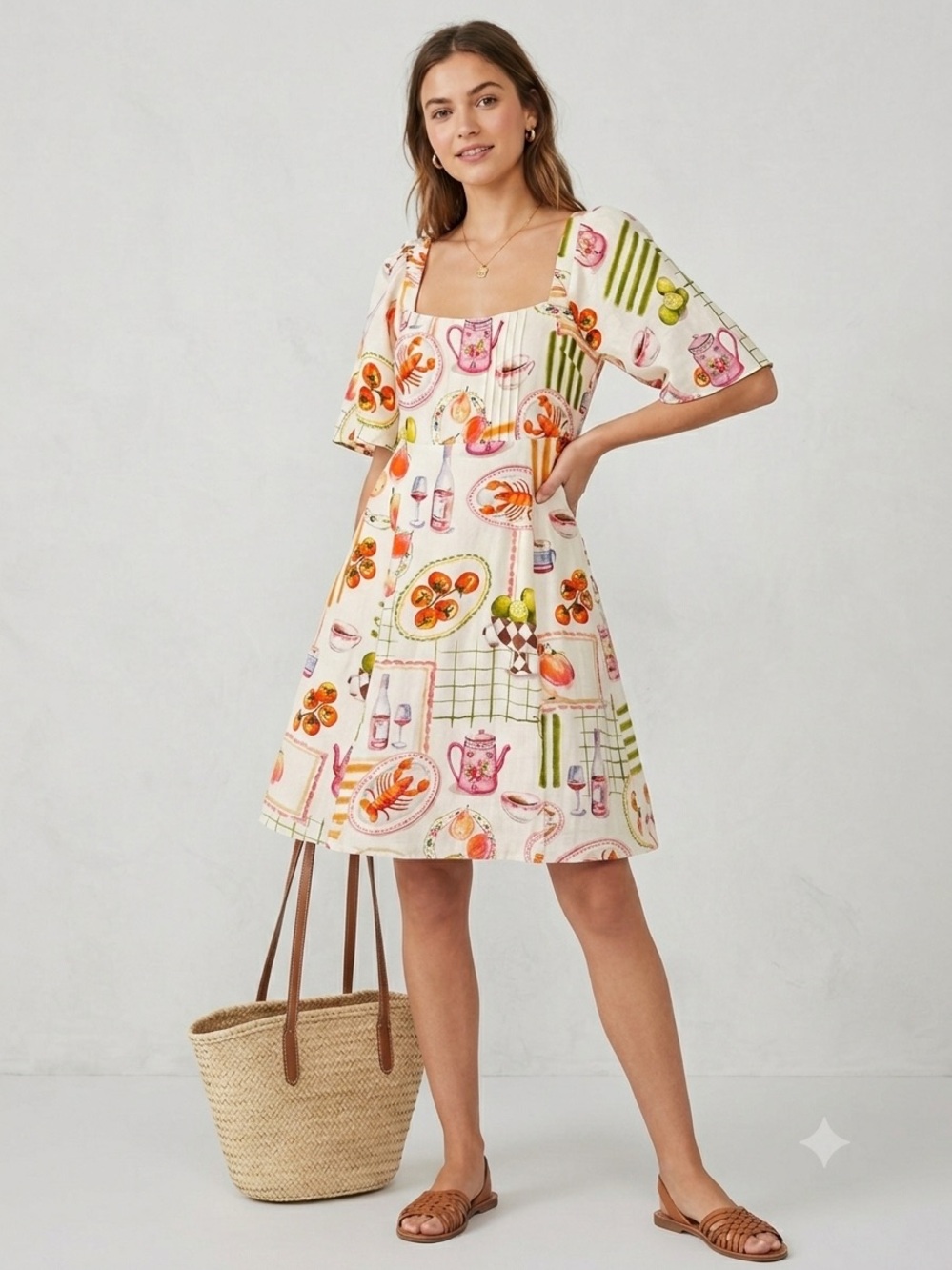 By Together White Multicolor Fruit & Floral Puff-Sleeve Midi Dress